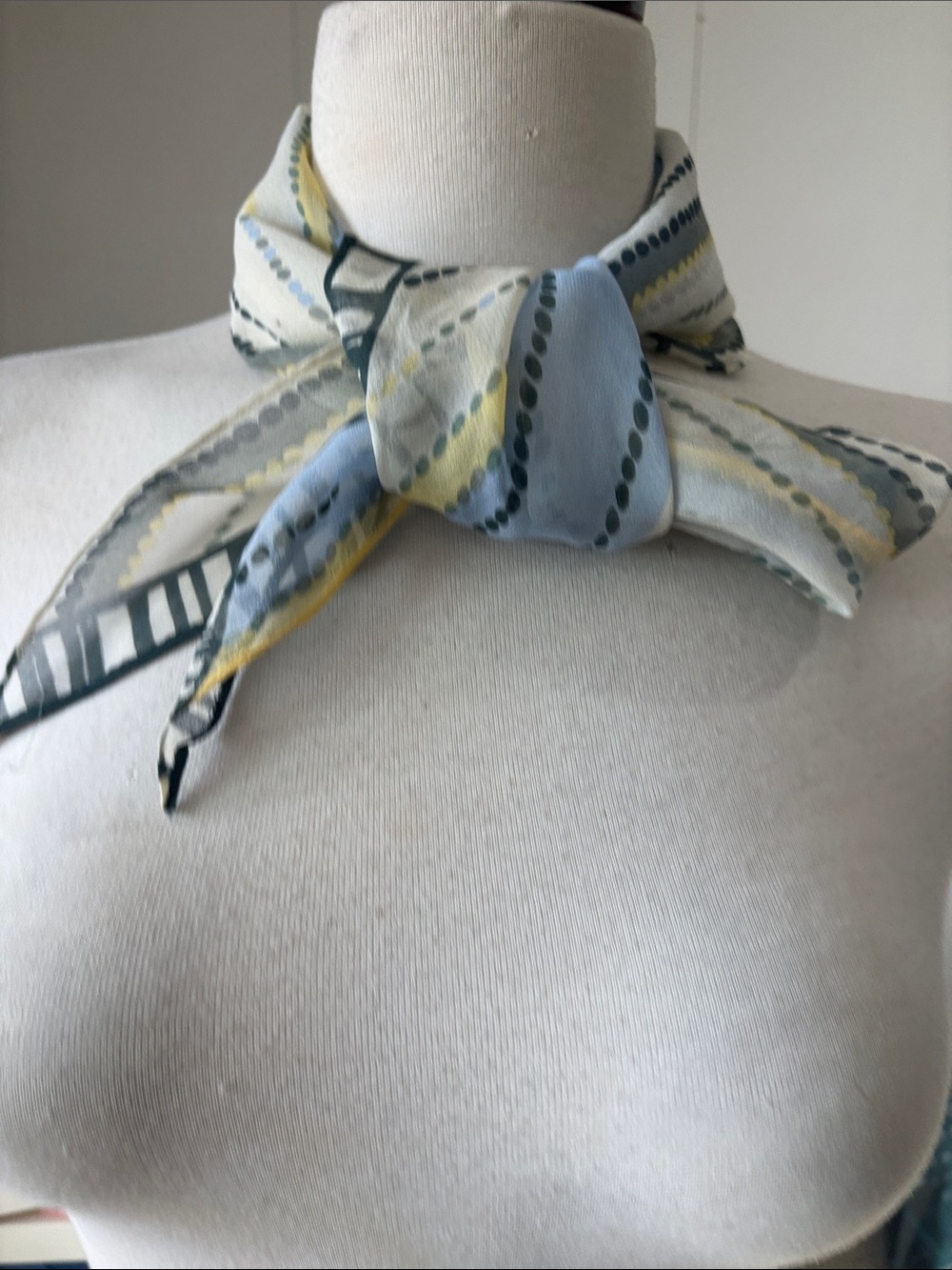 Silk-Feel Neck Scarf in Pale Blue, Cream and Yellow